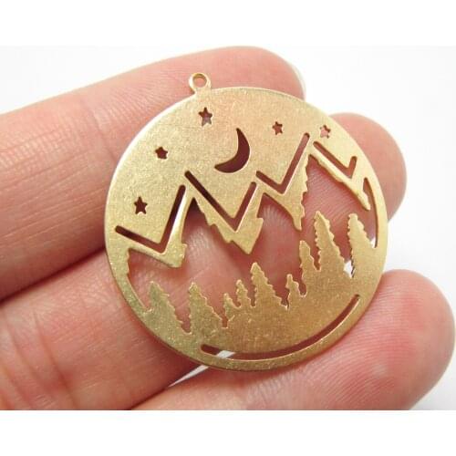 Brass charms Brass earring finding 32.3x30.2x1mm moon star night forest brass pendant -6pcs R1380