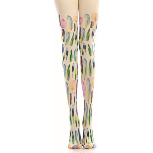 Watercolor Feather Printing Pantyhose Bottoming Socks