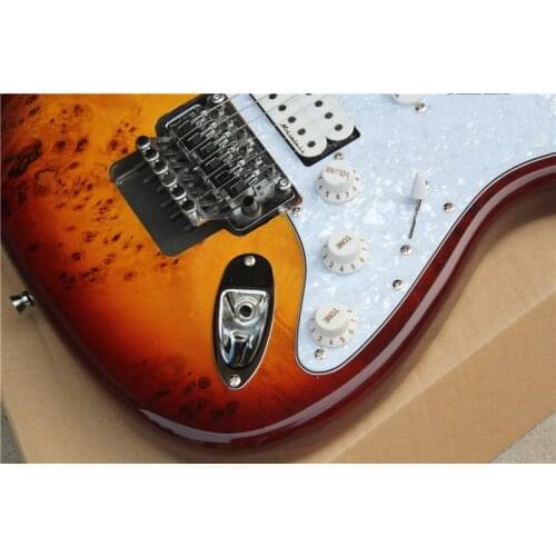 Free shippings custom 6 string sunburst guitar,burl maple veneer,tremolo bridge,SSS pickups,chrome button