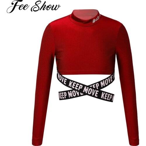 Kids Girls Slim Fit Sport Dance Top Stand Collar Long Sleeve Sash Cross Waist Crop Top Active Workout Running Gym Sports T-shirt