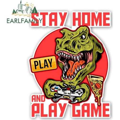 EARLFAMILY 13cm x 10cm Cartoons Car Sticker Funny Stay Home Dinosaur Gamer Play Game Car Styling Vinyl Decals Cover Scratches