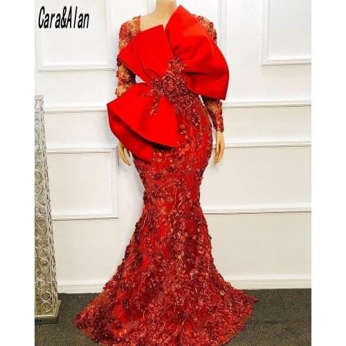 Elegant Red Mermaid Prom Dresses With Bow Lace Applique Party Gowns Celebrity Sukienki Vestidos De Graduación Evening Dress