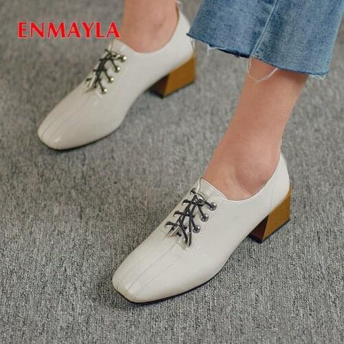 ENMAYLA 2019 Basic Womens Shoes Patent Leather Square Toe Lace-Up Women Pumps Casual Square Heel Classics Sewing Womens Heels