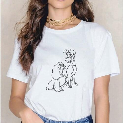Disney Lady and The Tramp Tops Summer Dogs Graphic Tees Women Kawaii T-shirt Clothes Sweethearts Lovers T Shirt Dropship