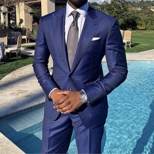Classic Peaked Lapel Royal Blue Jacket With Pants Mens Suits Wedding Groom Working Wear Blazer Slim Fit Costume Homme Mariage