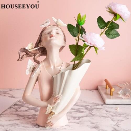 Nordic Butterfly Girl Sculpture Creative Vase Modern Home Decor Living Room Desk Decoration Accessories Flower Arrangement