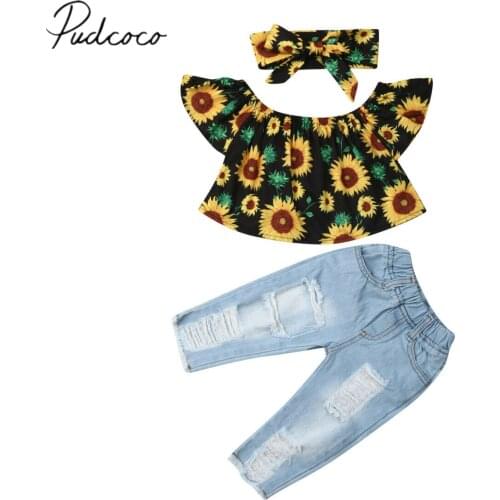2019 Baby Summer Clothing Toddler Kids Baby Girl 3PCS Sets Sunflower Tops+Ripped Hole Denim Pants Headband Casual Outfits 6M-4Y