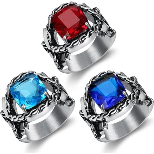 Newest Cool Design Men Ring Stone Stainless Steel Red Blue Cz Stone Ring Men Women
