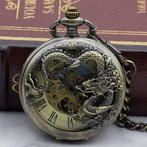 New Fashion Vintage Chinese Dragon Hand Winding Mechanical Pocket Watches With Fob Chain Skeleton Dial Men Women Watches PJX1329