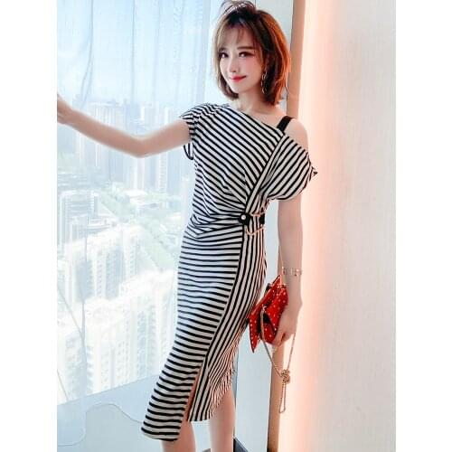 Unilateral off-the-shoulder irregular collar fold skirt color stripe dress new summer