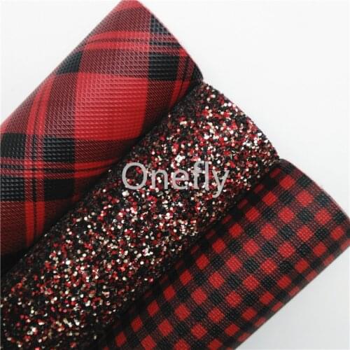 Onefly 21X29CM Red Glitter Leather, Plaids Tartan Printed Faux Leather Fabric Sheets For Bow DIY handbags shoes BQ080