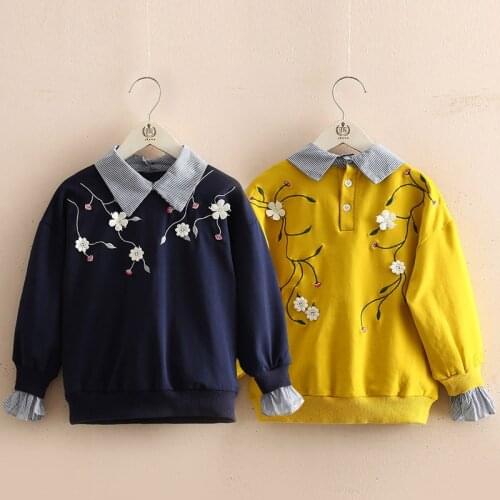 2020 Autumn Spring 2 3 4 5 6 Years Flower Embroidery Turn-Down Collar Patchwork Fake 2 Pcs Sweatshirt For Kids Baby Girls