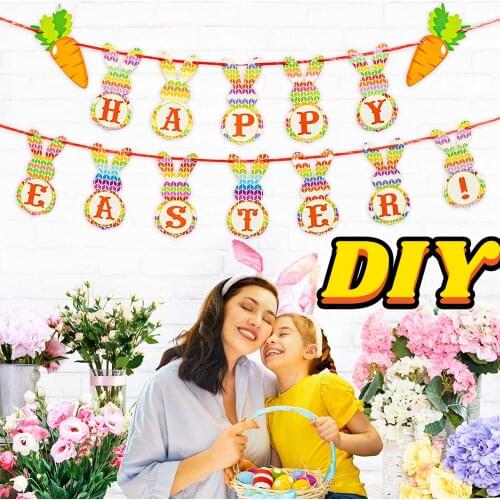 DIY Easter Decorations for Home Happy Easter Rabbit Bunny Wall Hanging Flag Party Supplies Bunting Decor Banner Radish Ornament