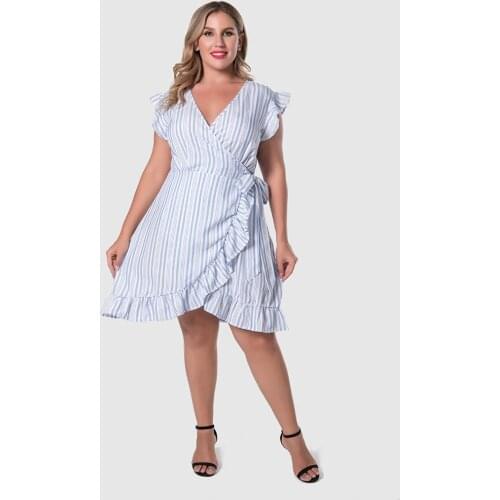 Casual Women Blue Striped Knee Length Plus Size Dress Short Sleeve V-neck Ruffles Party Dress Summer Clothes Beach Vestidos