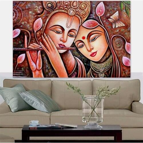 Radha Krishna Jodi Indian God Handmade Hindu Religion Canvas Painting Poster Print Wall Art Pictures for Wall Decor
