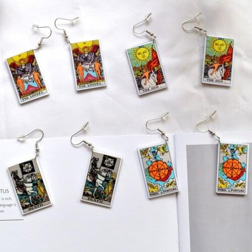 1Pair Small Size Tarot Deck Charms Earring Acrylic Retro Sun Moon &The Lovers Divination Card for Women Girl Punk Jewelry Gifts