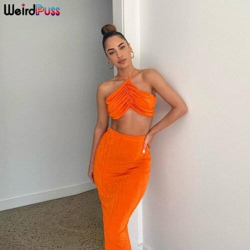 Weird Puss Summer Elegant Two Piece Set Women Bandage Top+Midi Split Skirt Matching Solid Color Stretchy Vacation Trend Outfits
