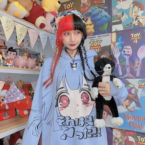 Japanese original style loose cartoon print hoodies long sleeve blue sweet fleece fashionable womens sweatshirts