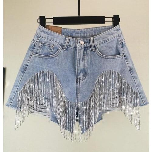 ZCSMLL 2021 Spring Autumn Fashion Tide Denim Short Women High Street Rhinestone Sequins Hole Tassel Fit Wild Clothing AF751