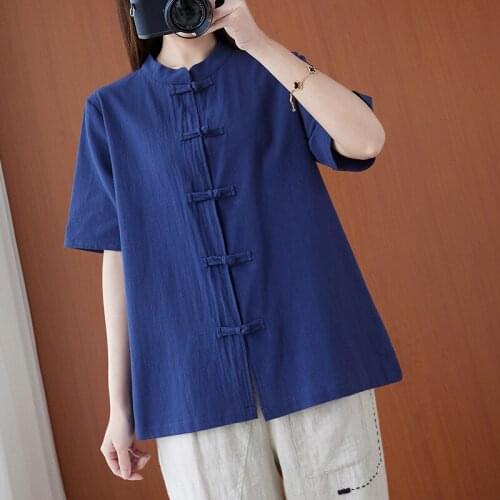 Creamy-white And Blue Linen Womens Shirt Disc Button Short-sleeved Cardigan Jacket Morning Exercise Tai Chi Martial Arts Shirt