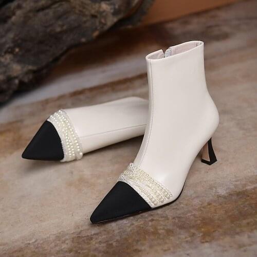 Hot Genuine Leather Knitting Mixed Colors Women Boots Fashion String Bead ZIP Ankle Boots 2021 Pointed Toe Thin Heel Women Shoes