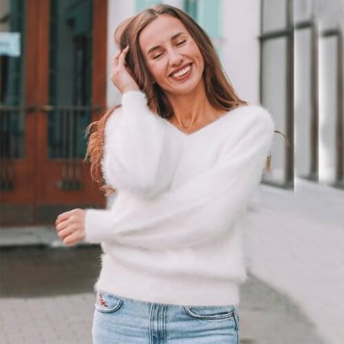 Winter womens mink cashmere Jumper sweater V-neck lantern sleeve mink cashmere knitted pullovers keep warm thick loose tbsr752