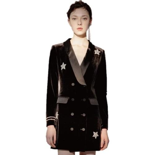 New Velvet Black Satin Diamond Stars Suit Dress Women 2019 Autumn Ladies Elegant Double Breasted Long Sleeve Office Dresses