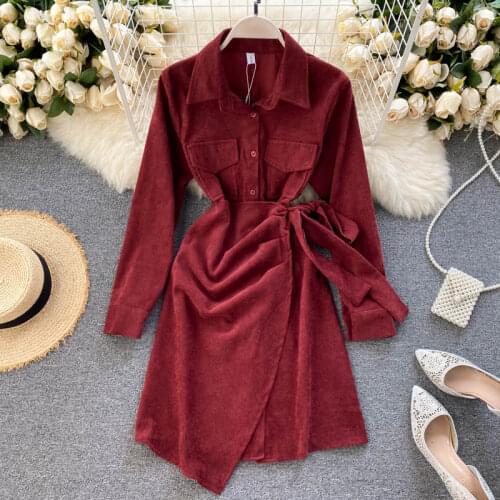 ALPHALMODA 2020 Fall Women Fashion Curdoroy Long-sleeved Dress Turn-down Color Wrap Sashes Ladies Chic Seasonal Dress