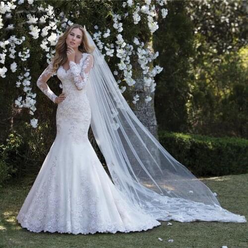 A25 Abito Da Sposa A Sirena Ivory Long Sleeves Tulle Mermaid Pearls Beading Wedding Dresses Romantic 3D Flowers Appliques Gown