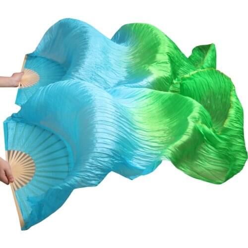 100% Silk Handmade Dyed Fans High Quality Silk Belly Dance Fans 1 Pair Bamboo Ribs Belly Dance Long Fans Turquoise+Green 5 Sizes