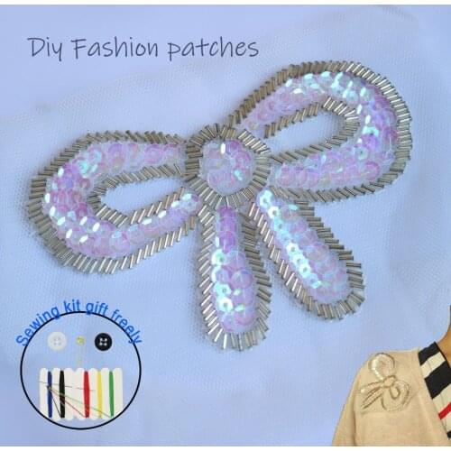 3D Handmade beaded white bowtie Patches for clothing DIY sew on sequin rhinestone parches Beaded applique parches bordados para
