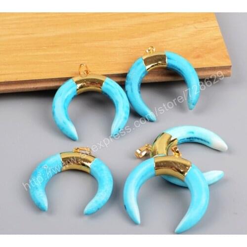 BOROSA Gold Color Blue Howlite Blue Stone Crescent Double Horn Pendant Gold Pendant G1185