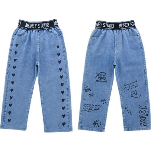 Girls Jeans Elastic waist Y2k Harajuku Streetwear Denim Trousers Leisure Baggy Vintage Wide-leg Pants Fashion Kids Tassel Jeans