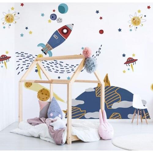 White and blue space imagination rocket and planets 3D wall paper mural on the wall wholesale for boy kids room wall decor