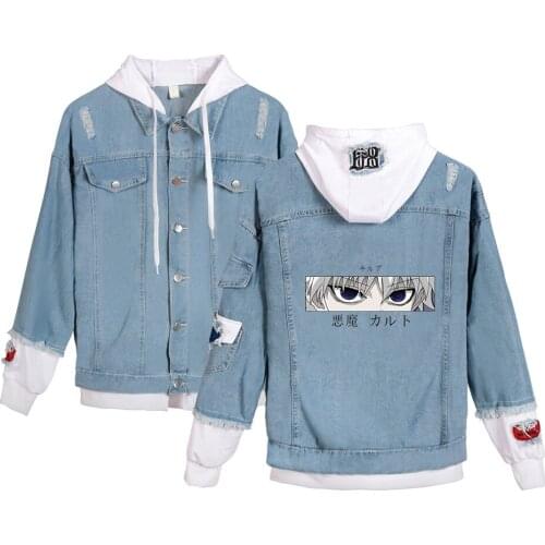 Killua Zoldyck Denim Jacket Anime Hunter X Hunter Hisoka Hoodies Cartoon Cosplay Coat Hooded Ripped Holes Jeans Jacket Unisex