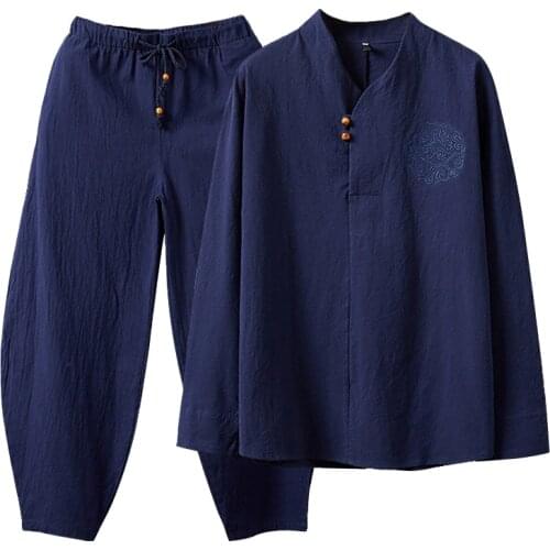 Chinese style spring autumn linen mens national style Tang suit retro ancient style Hanfu tide brand cotton sweat suit men set