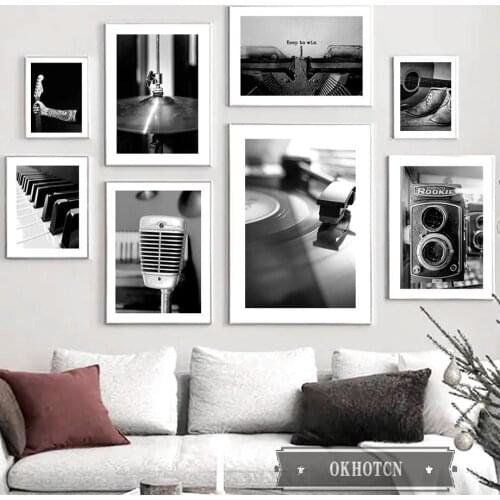 Guitar Piano Drum Camera Record Player Canvas Painting Vintage Nordic Decorative Posters and Prints Wall Art Pictures for Room
