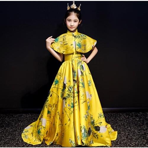 New Children Chinese Evening Dresses Embroidery Print Cheongsam Ball Gown Christmas Piano Princess Trailing Dress Vestidos L808
