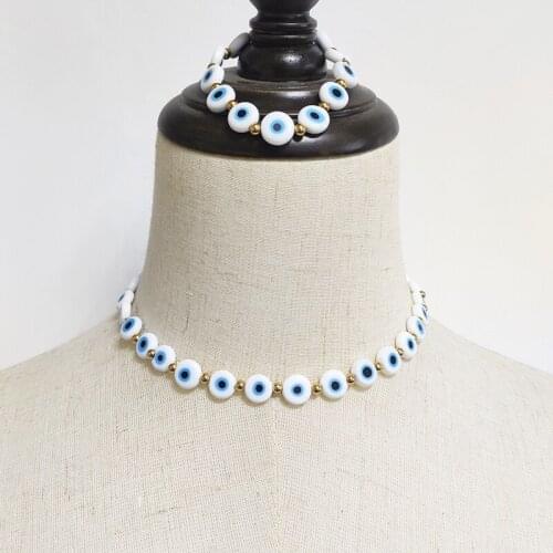 Glamour Lake Blue Evil Eye Beaded Necklace Stainless Steel Gold-color Beads High Quality Jewelry For Man Women Danity Choker