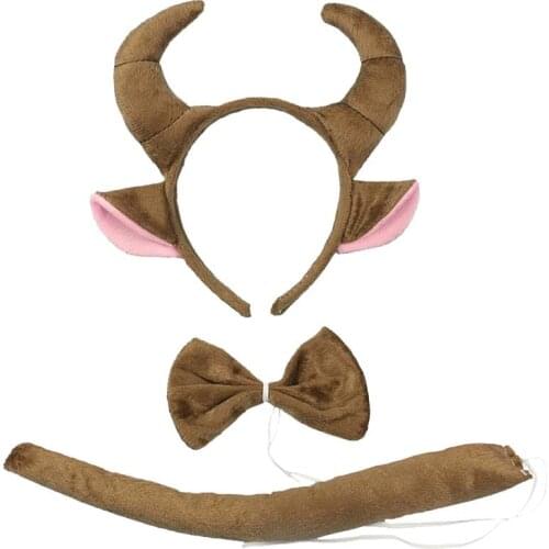 Brown Cattle Animal Goat Horn Ear Headband Tie Tail For Kids Boys Girls Performance Cosplay Costume Party Halloween