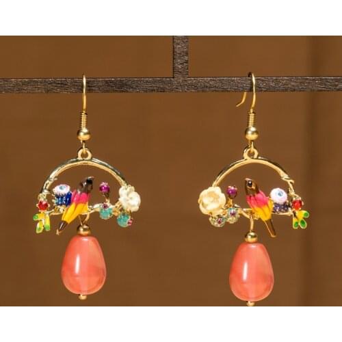 Nature Stones Court Retro chalcedony Earrings Chinese Style Ancient Charm Original cloisonne Earrings National Jewelry No.1282