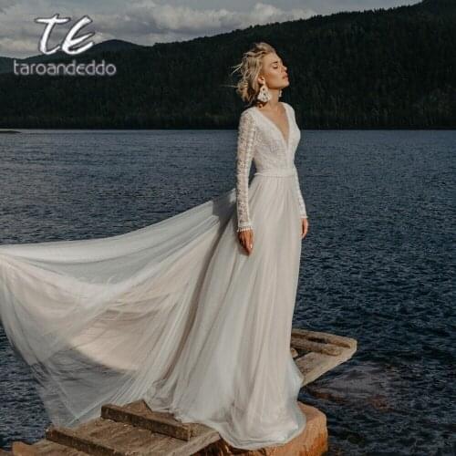 Vestido De Noiva V-Neck Lace Tulle Backless Bride Dress Bohemian Long Sleeve Wedding Dress 2020
