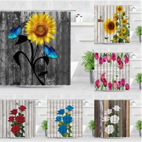 Floral Shower Curtain Yellow Sunflower Blue Butterfly Rose Flowers Retro Wood Grain Backdrop Home Decor Waterproof Bath Curtains