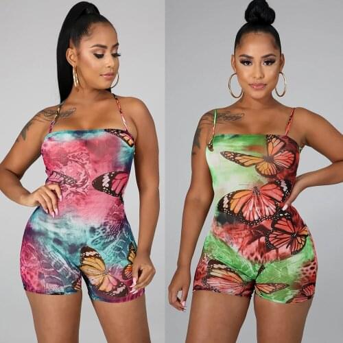 Summer Playsuits For Women Tie-dye Butterfly Print Suspenders Back Lace up Playsuit Casual Jumpsuit Women Sexy Party Clubwear