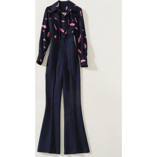 New HIGH QUALITY 2021 Stylish Womens shirt Collar Long sleeve Button Floral Print Boot Cut Long Jumpsuits