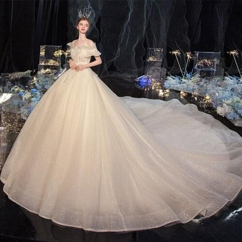 Boat Neck Glitter Wedding Dress 2021 Bride Gown Bridal Court Train Short Sleeves Women Champagne Ivory Wedding Ball Gown New