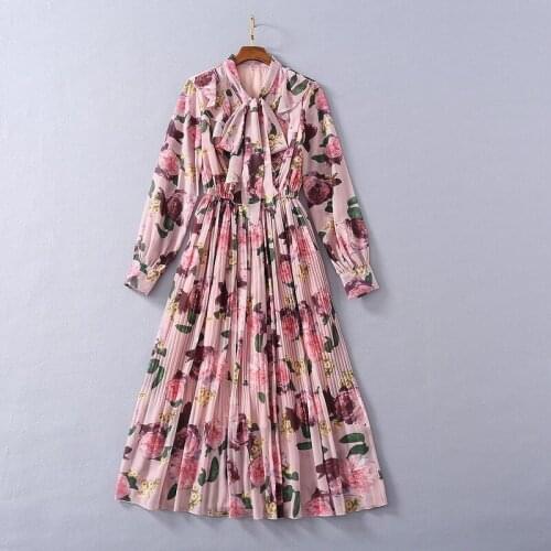 2021 Long Dress Spring Summer Dress Flora Print Long Sleeve Crew Neck Pink Womens Dress