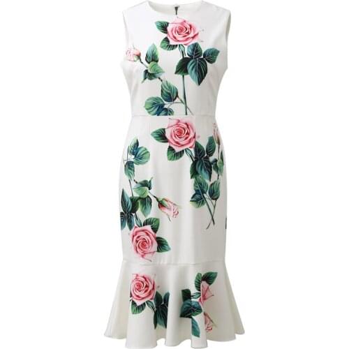 Customize Made Women Summer Fashion Retro Vintage Rose Floral Print Midi Dress Ladys Plus Size 3XS-10XL Fishtail Dresses