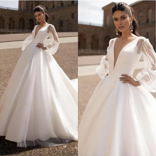 Vintage Long Sleeve Wedding Dress 2021 robe de mariée Sexy Deep V Neck A Line Wedding Gowns Custom Made For Women Bridal Dresses