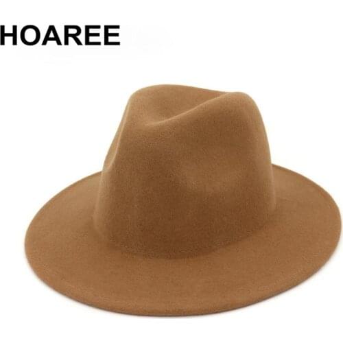 100% Wool Wide Brim Felt Fedora Hat Solid Skhaki Simple Church Derby Top Hat Panama Solid Men Women British Style Jazz Cap